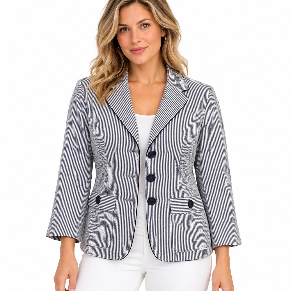 Banana Republic Seersucker Blue White Striped Blazer 100% Cotton Jacket sz 6